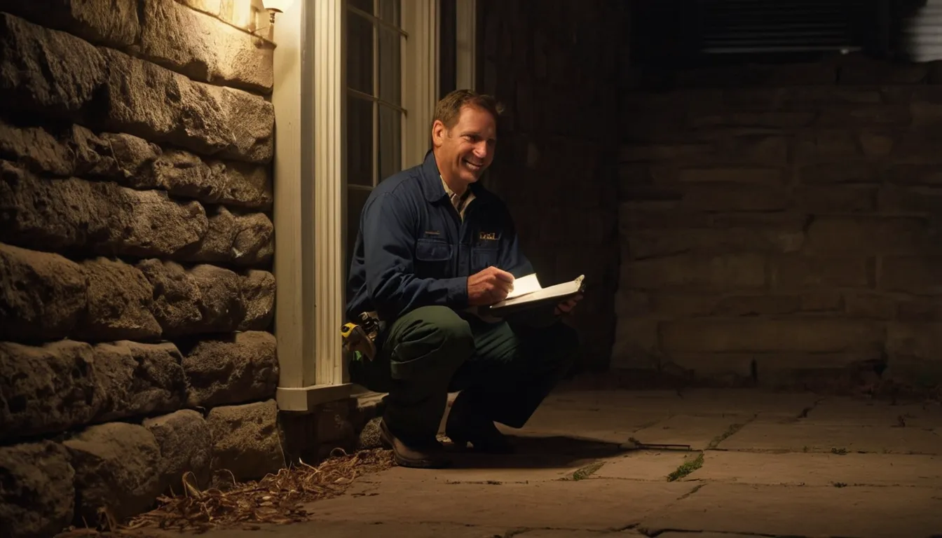 A local pest control provider inspecting the basement of an older home in Eagle Harbor